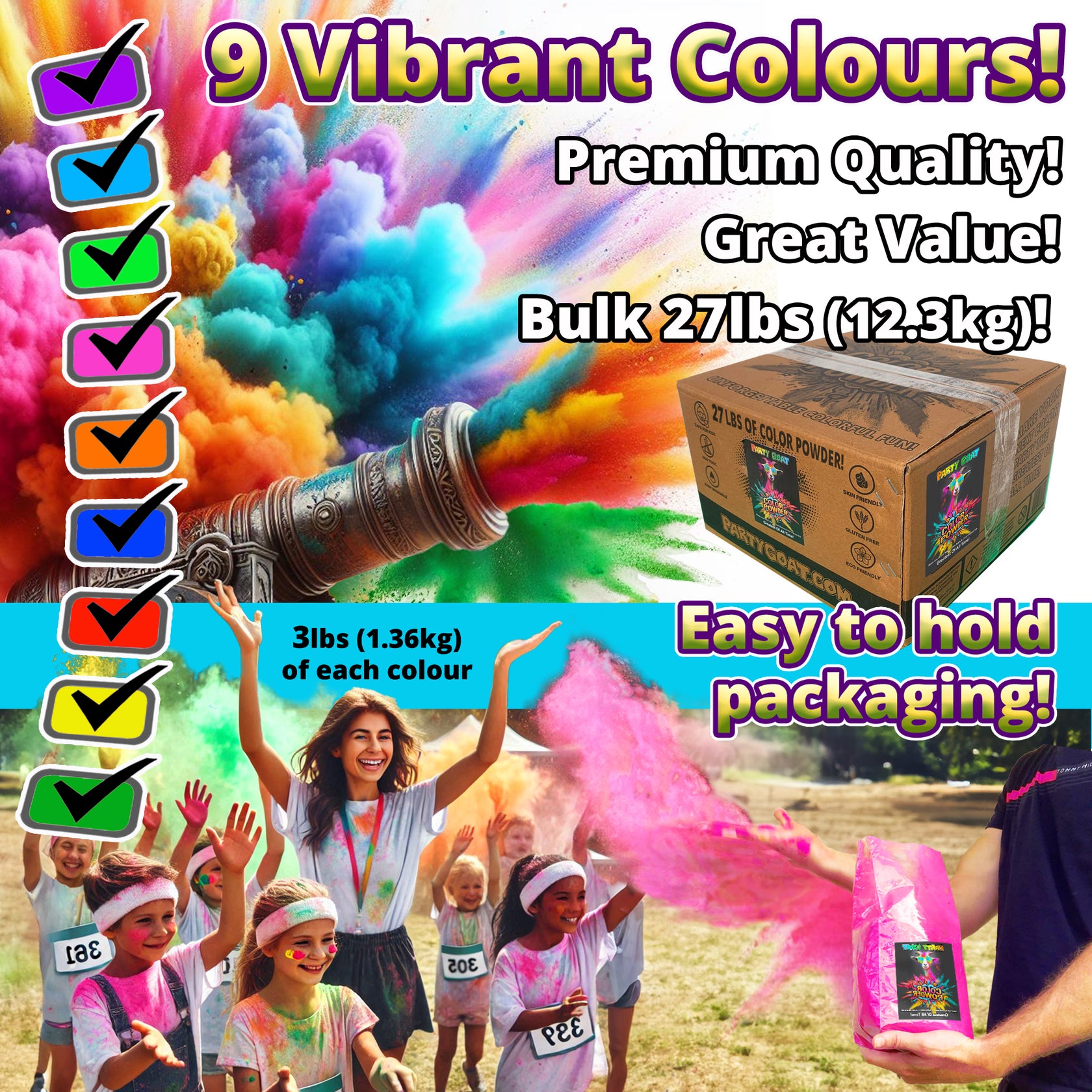 COLOUR RUN POWDER: 9 Colour Bulk Pack! 12.3kg for Colour Wars & Events ...