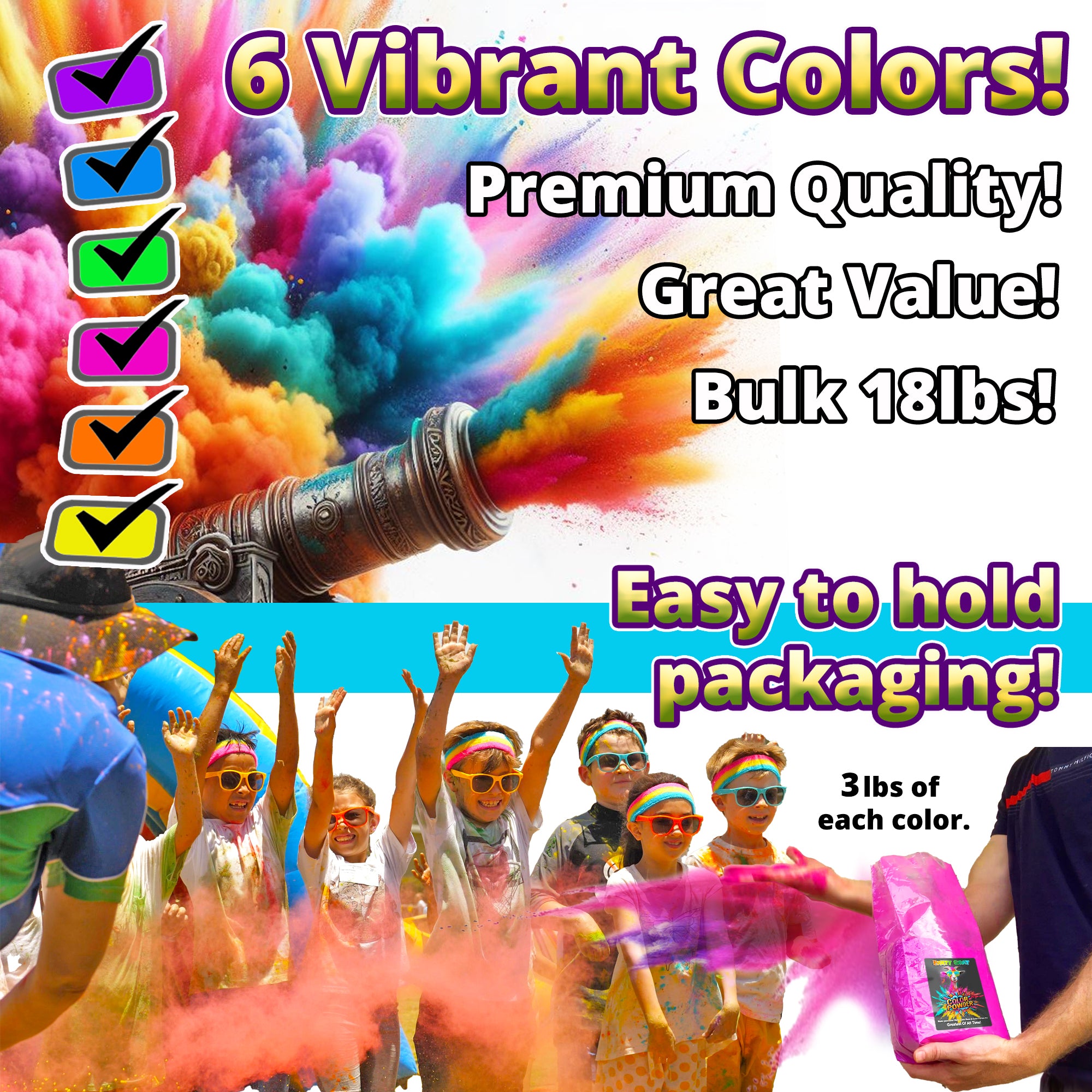 Holi Colour Powder, 6 Colour Pack! 8.16kg (18 lbs) for Colour Runs and Colour Wars