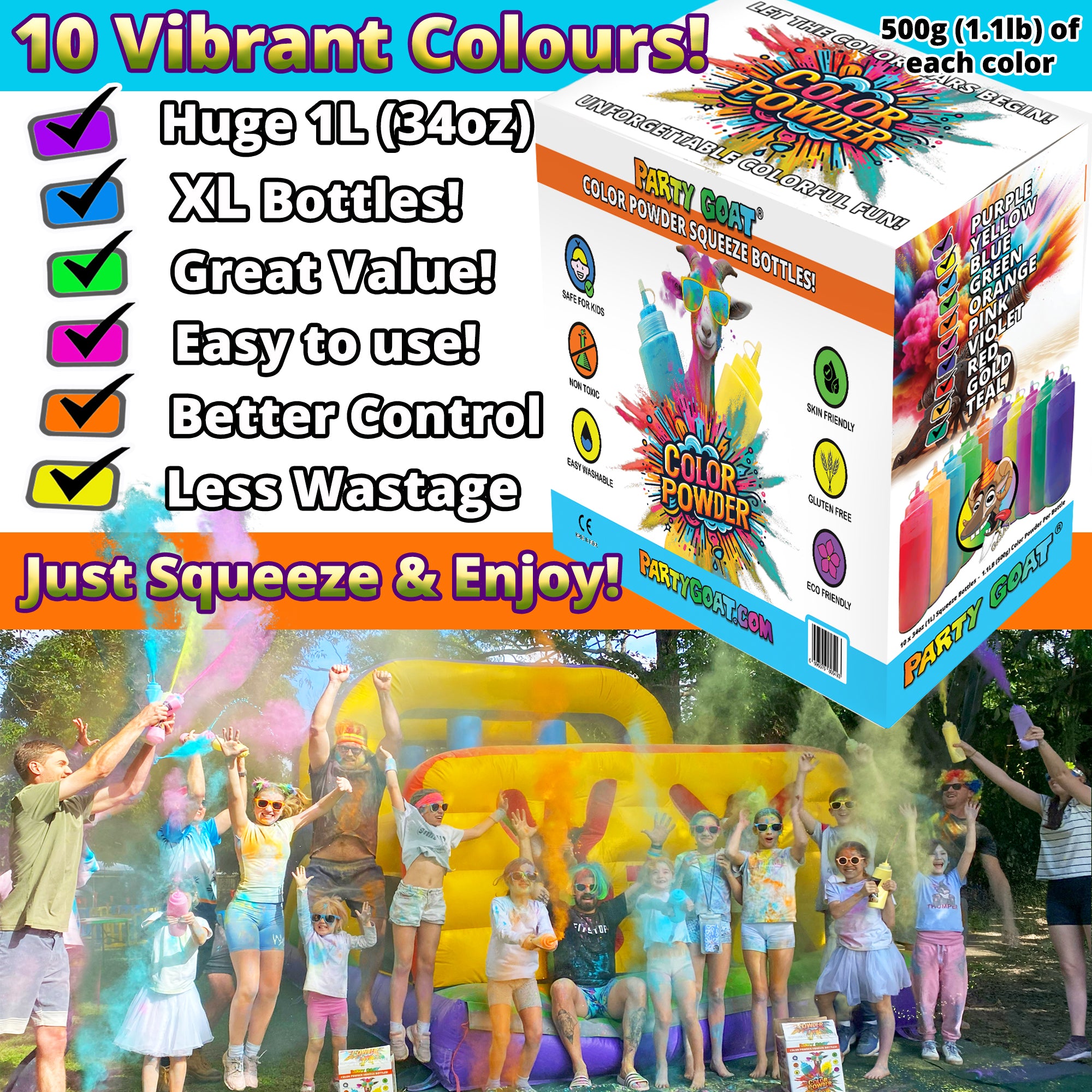 Color Run Powder Squeeze Bottles. Extra Large 34oz Color Blasters for Color Wars. 1.1lb Each, Pack of 10