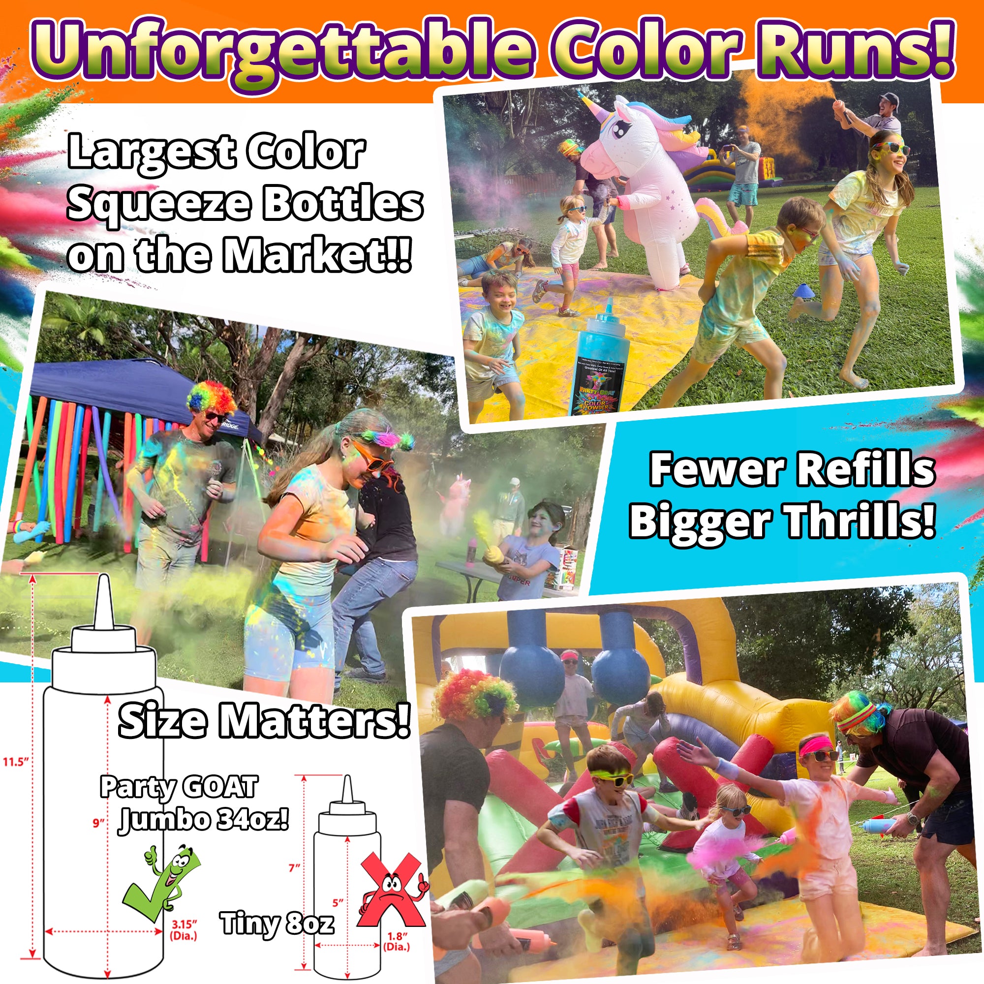 Color Run Powder Squeeze Bottles. Extra Large 34oz Color Blasters. 1.1lb each, Pack of 6