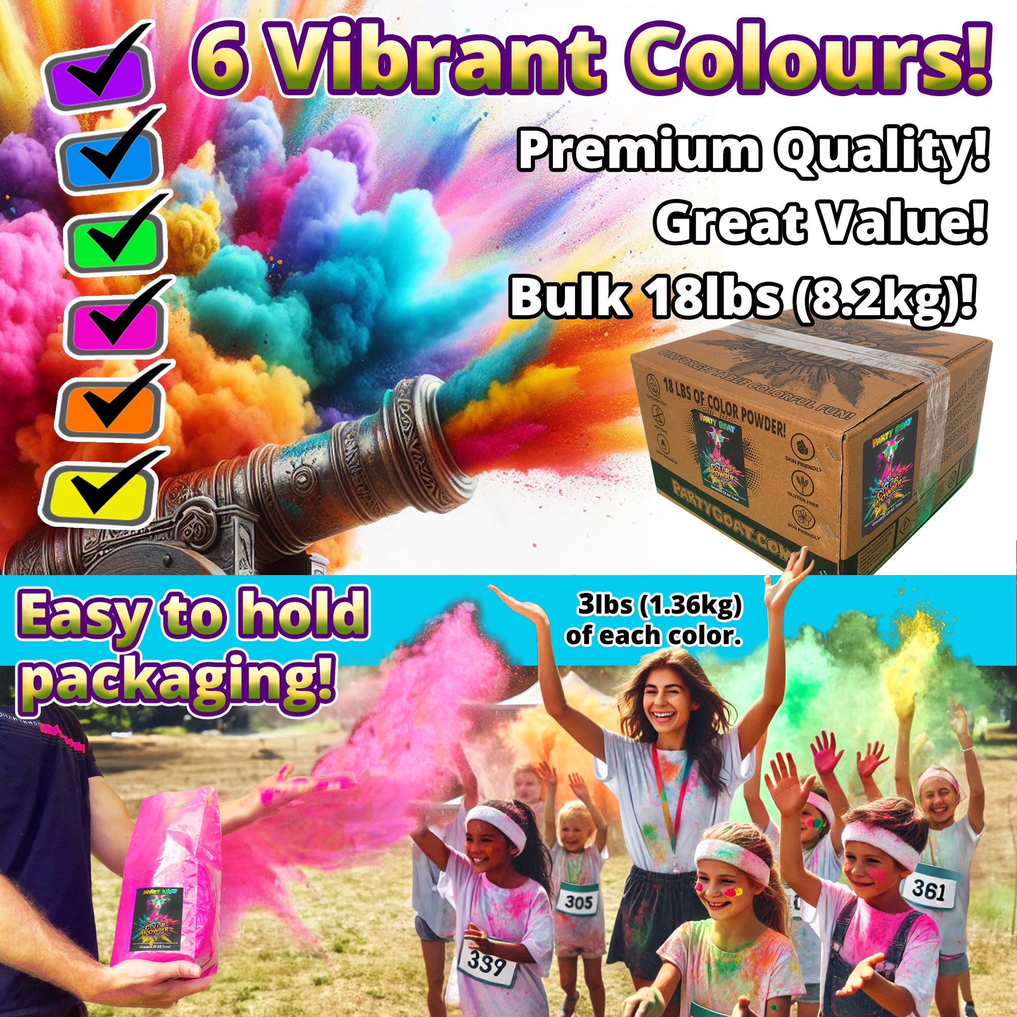 HOLI COLOUR POWDER: 6 Colour Pack! 8.16kg for Colour Runs and Colour Wars