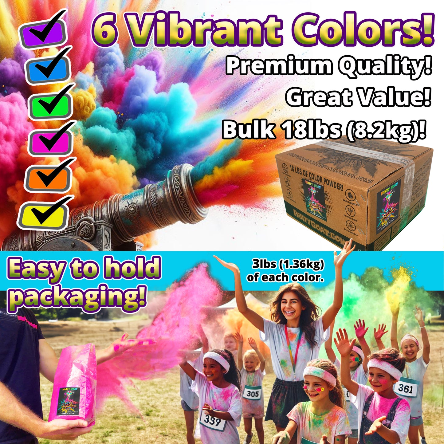 HOLI COLOUR POWDER: 6 Colour Pack! 8.16kg for Colour Runs and Colour Wars