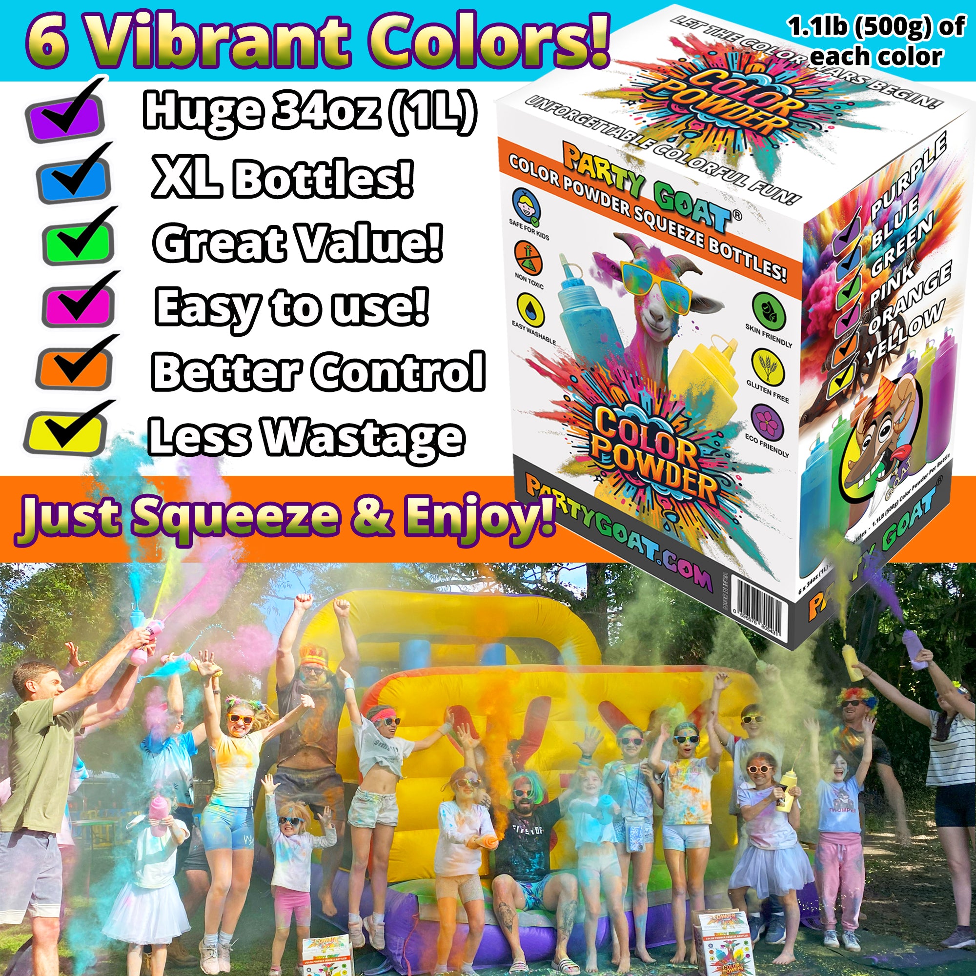 Color Run Powder Squeeze Bottles. Extra Large 34oz Color Blasters. 1.1lb each, Pack of 6