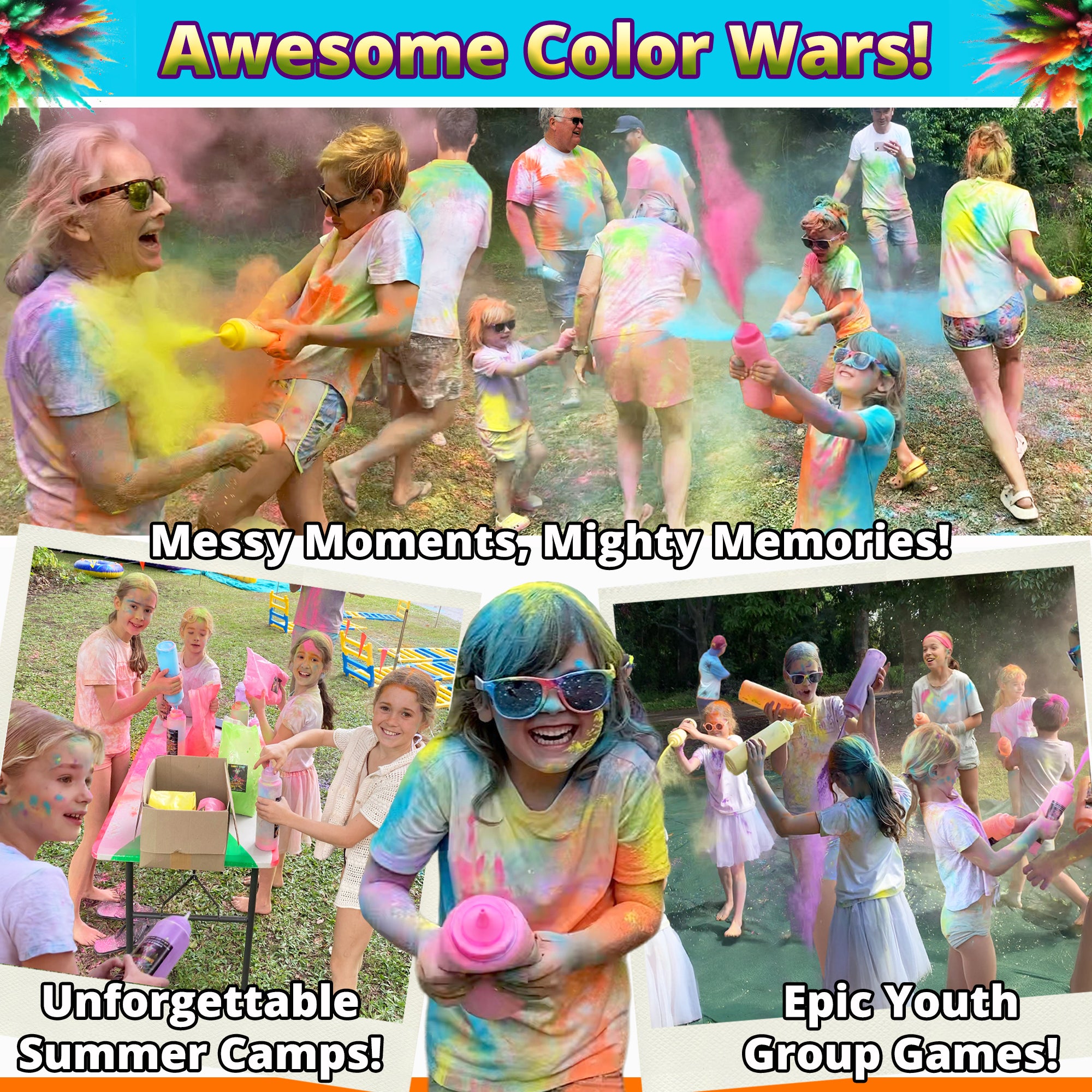 Color Run Powder Squeeze Bottles. Extra Large 34oz Color Blasters. 1.1lb each, Pack of 6