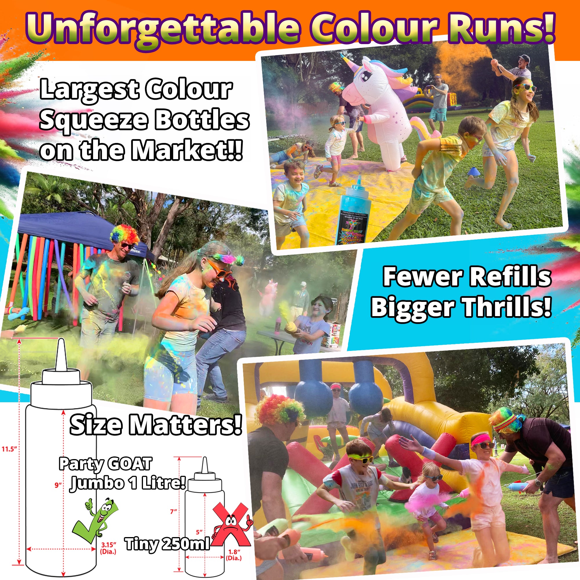 Color Run Powder Squeeze Bottles. Extra Large 34oz Color Blasters for Color Wars. 1.1lb Each, Pack of 10