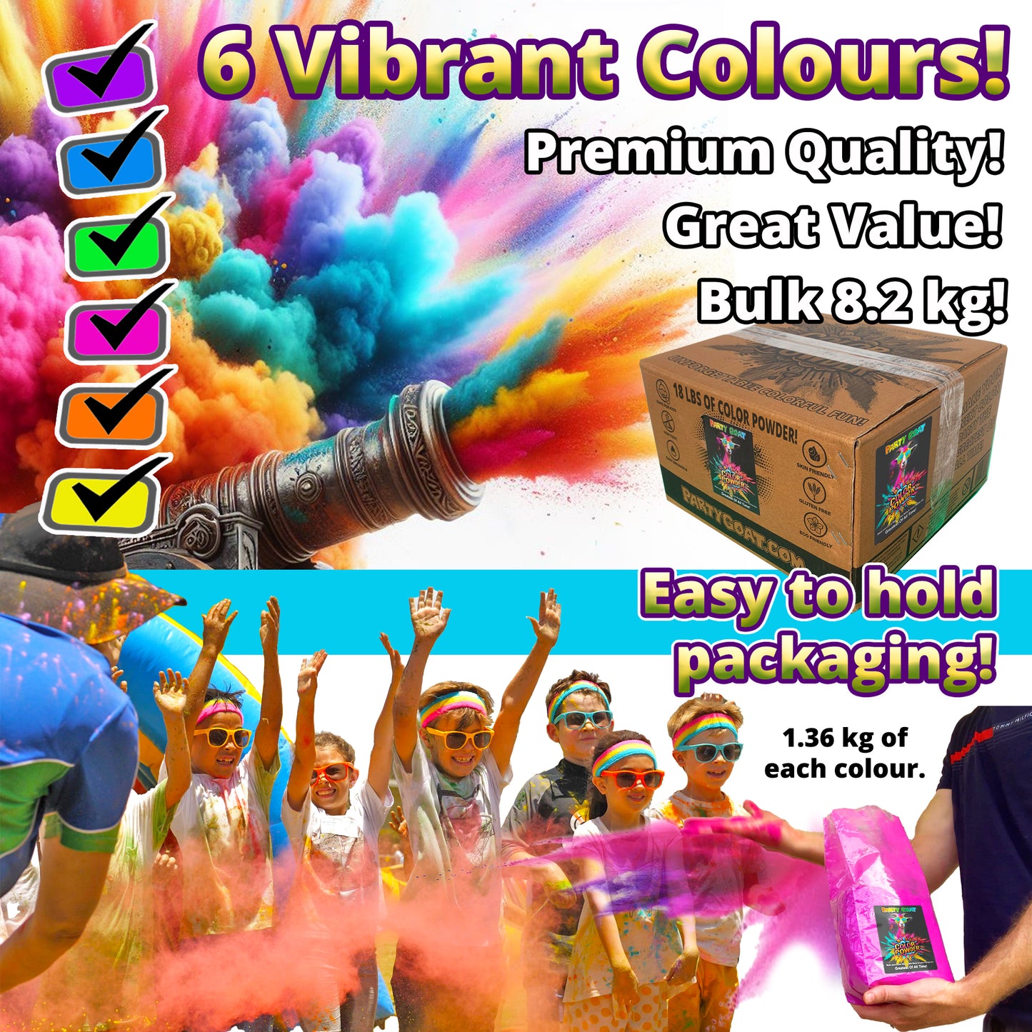 Holi Colour Powder, 6 Colour Pack! 8.16kg (18 lbs) for Colour Runs and Colour Wars