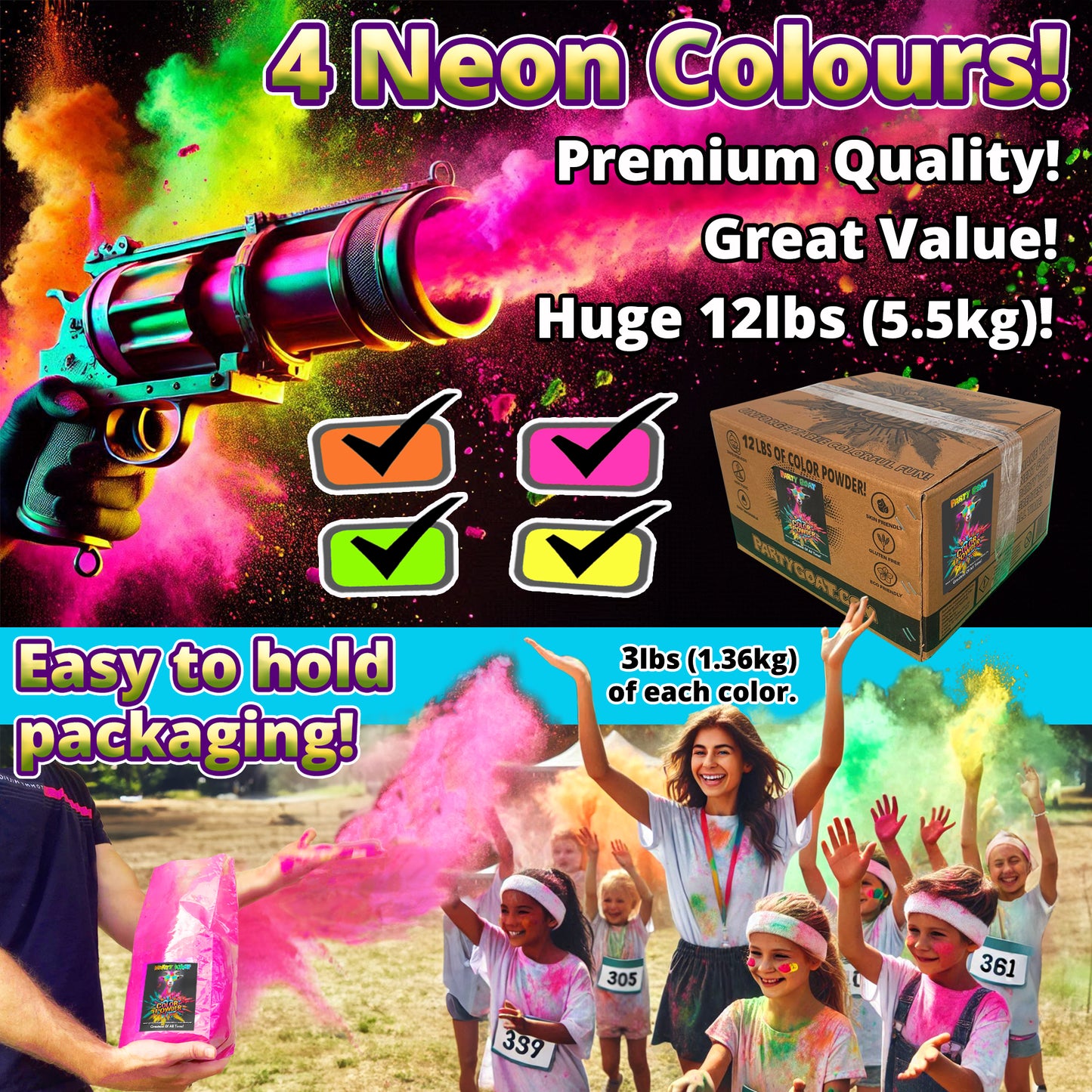 NEON COLOUR POWDER: 4 Colour Pack! 5.5kg for Colour Runs & Glow Parties