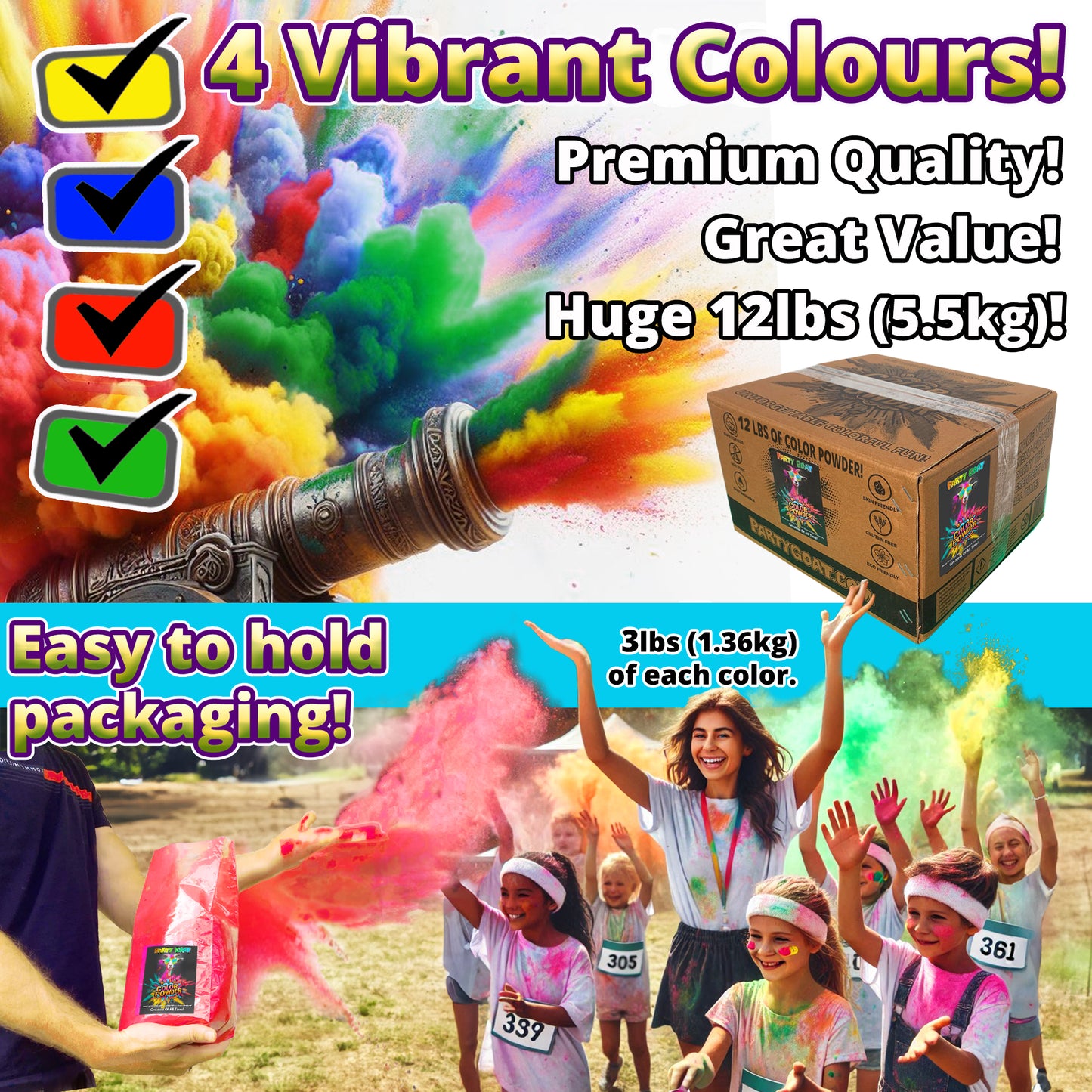 COLOUR WAR POWDER: 4 Colour Pack! 5.5kg for Colour Runs & Parties